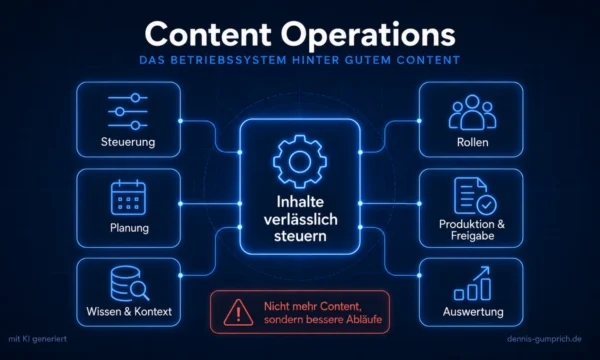 Infografik Content Operations: In der Mitte „Inhalte verlässlich steuern“, verbunden mit Steuerung, Planung, Wissen und Kontext, Rollen, Produktion und Freigabe sowie Auswertung. Hinweis: Nicht mehr Content, sondern bessere Abläufe.