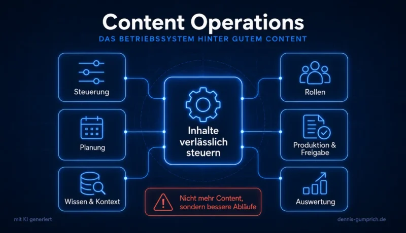 Infografik Content Operations: In der Mitte „Inhalte verlässlich steuern“, verbunden mit Steuerung, Planung, Wissen und Kontext, Rollen, Produktion und Freigabe sowie Auswertung. Hinweis: Nicht mehr Content, sondern bessere Abläufe.