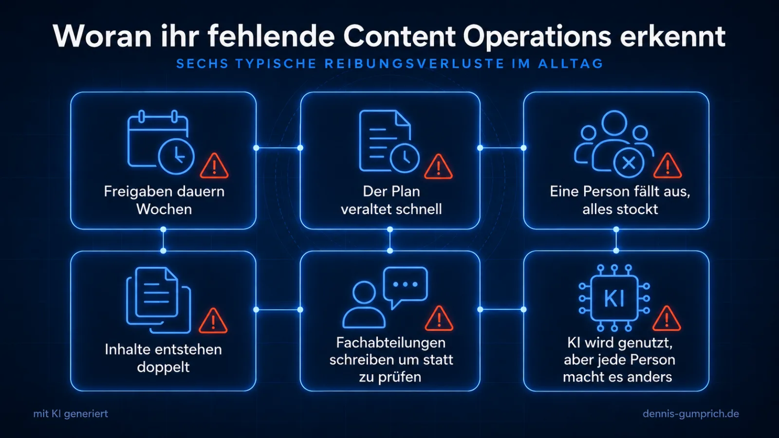 Sechs typische Reibungsverluste ohne Content Operations: Freigaben dauern Wochen, der Plan veraltet schnell, eine Person fällt aus und alles stockt, Inhalte entstehen doppelt, Fachabteilungen schreiben um statt zu prüfen, KI wird genutzt, aber jede Person macht es anders.