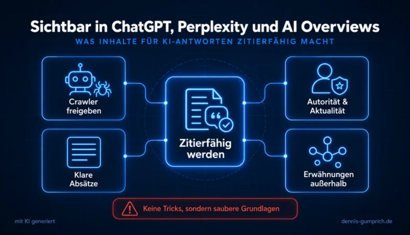 Infografik Sichtbarkeit in ChatGPT, Perplexity und AI Overviews: Zitierfähig werden durch Crawler freigeben, klare Absätze, Autorität und Aktualität sowie Erwähnungen außerhalb der eigenen Website. Hinweis: keine Tricks, sondern saubere Grundlagen.
