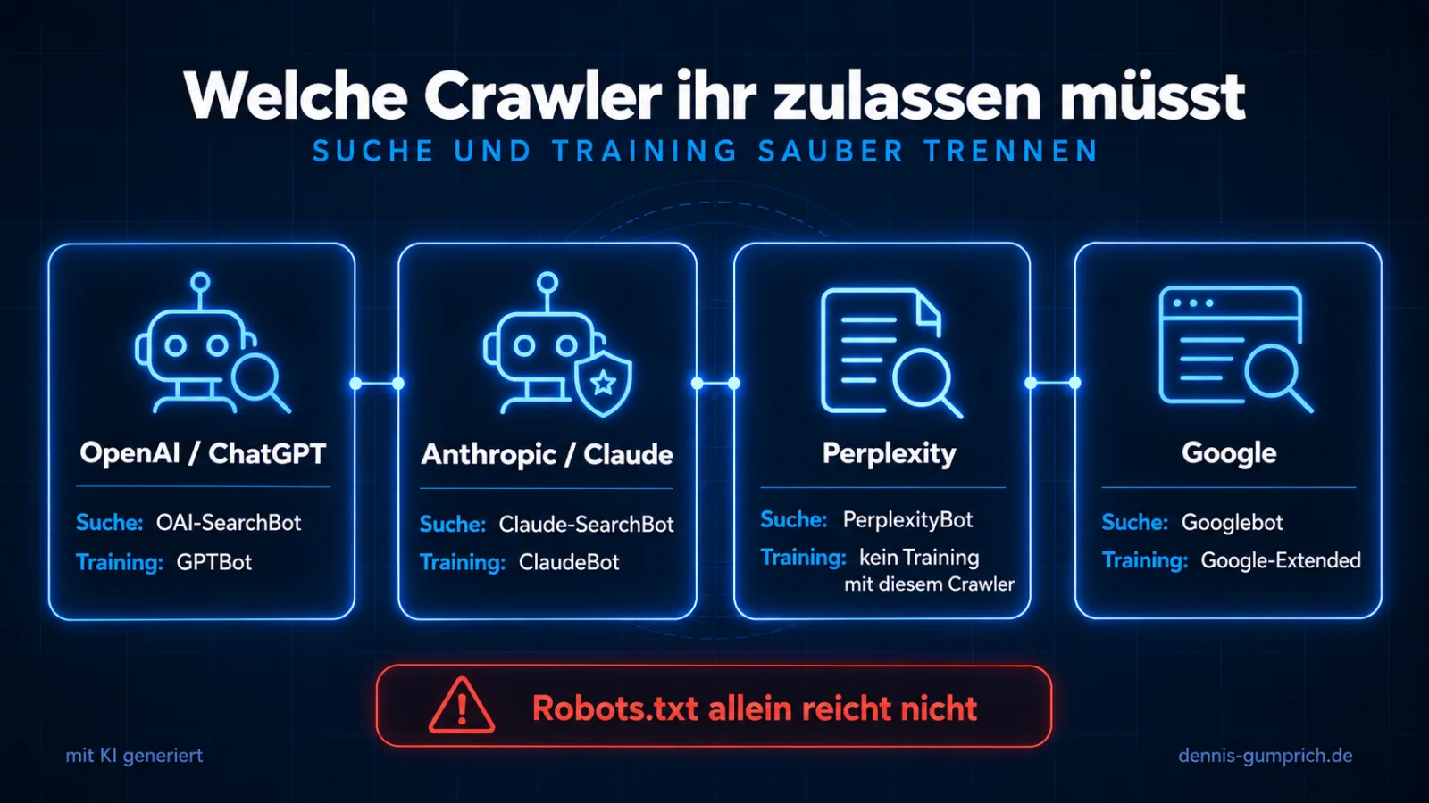 Welche Crawler ihr zulassen müsst: OpenAI mit OAI-SearchBot für die Suche und GPTBot für Training, Anthropic mit Claude-SearchBot und ClaudeBot, Perplexity mit PerplexityBot ohne Training, Google mit Googlebot und Google-Extended. Hinweis: robots.txt allein reicht nicht.