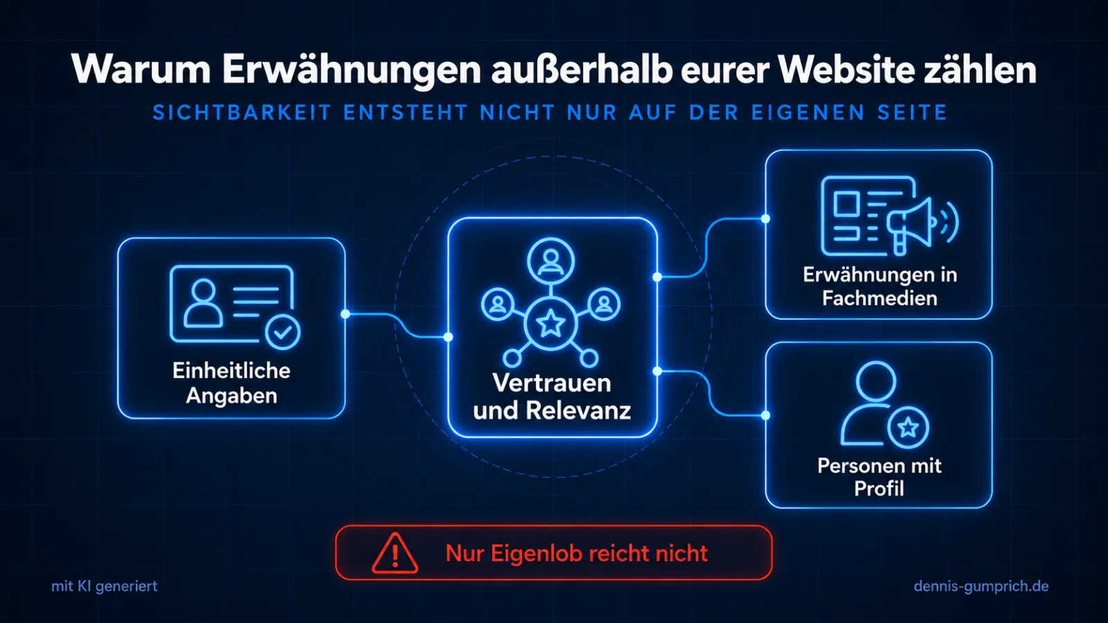 Warum Erwähnungen außerhalb der Website zählen: Einheitliche Angaben, Erwähnungen in Fachmedien und Personen mit Profil schaffen Vertrauen und Relevanz. Nur Eigenlob reicht nicht.