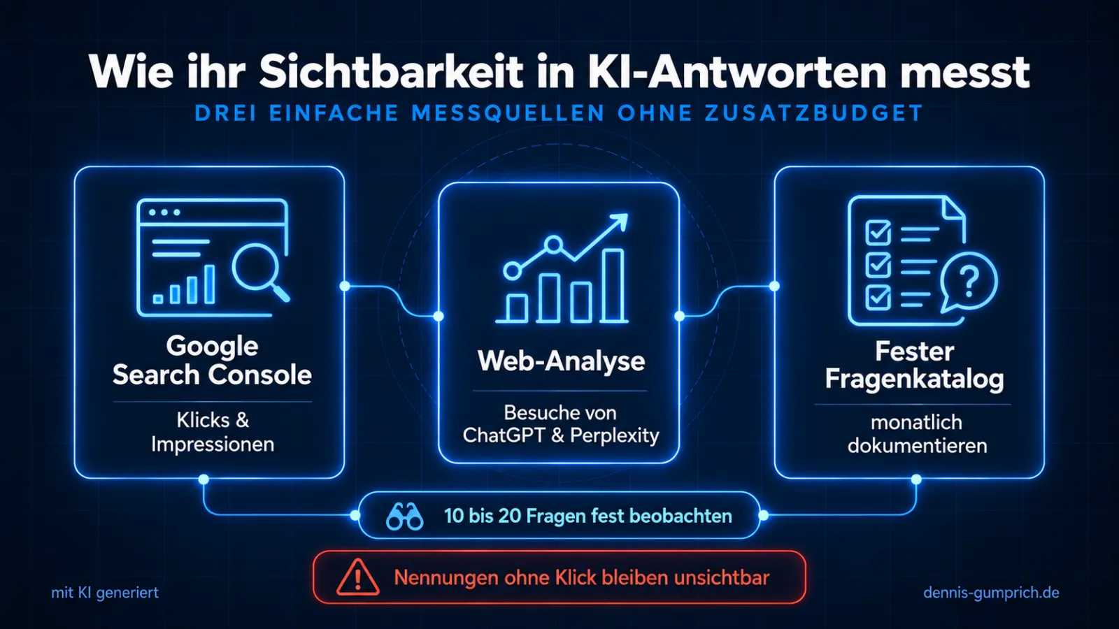 Wie ihr Sichtbarkeit in KI-Antworten messt: Google Search Console mit Klicks und Impressionen, Web-Analyse mit Besuchen von ChatGPT und Perplexity, fester Fragenkatalog, monatlich dokumentiert. 10 bis 20 Fragen fest beobachten.